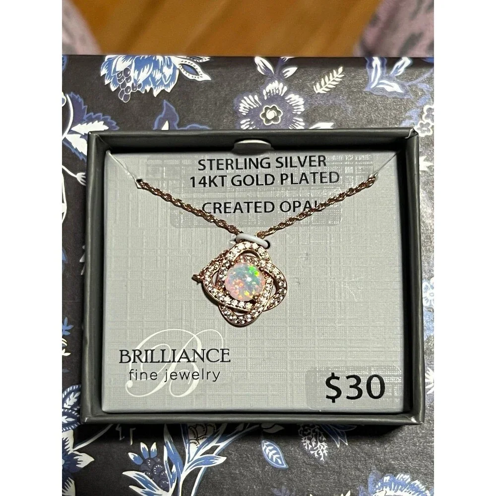 Sterling Silver 14k gold plated  Lab created opal Loveknot pendant new